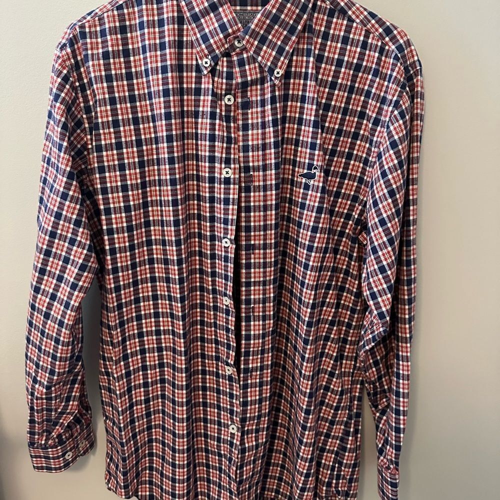 Homestead Collection Brand Men's Red and Navy Blue Checkered Shirt Medium